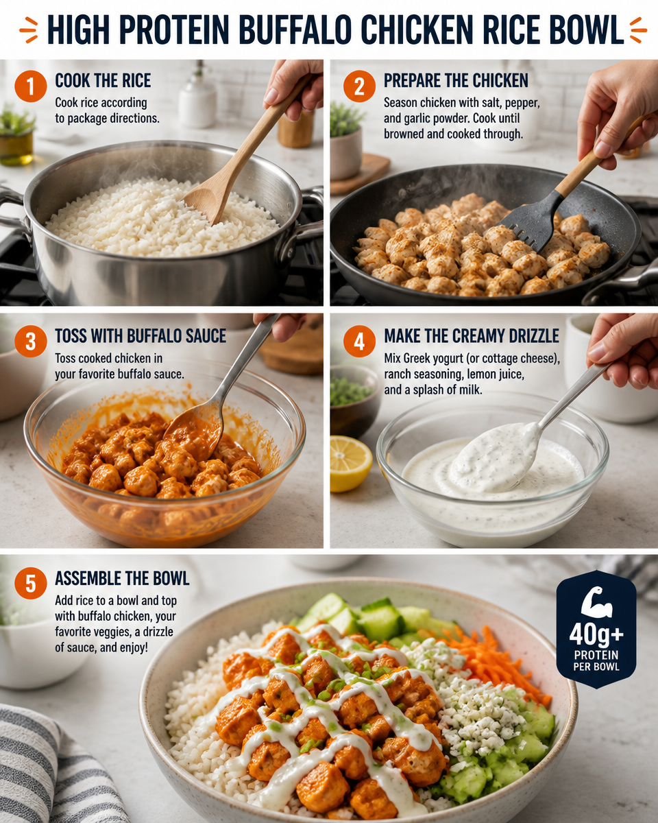 High Protein Buffalo Chicken Rice Bowl