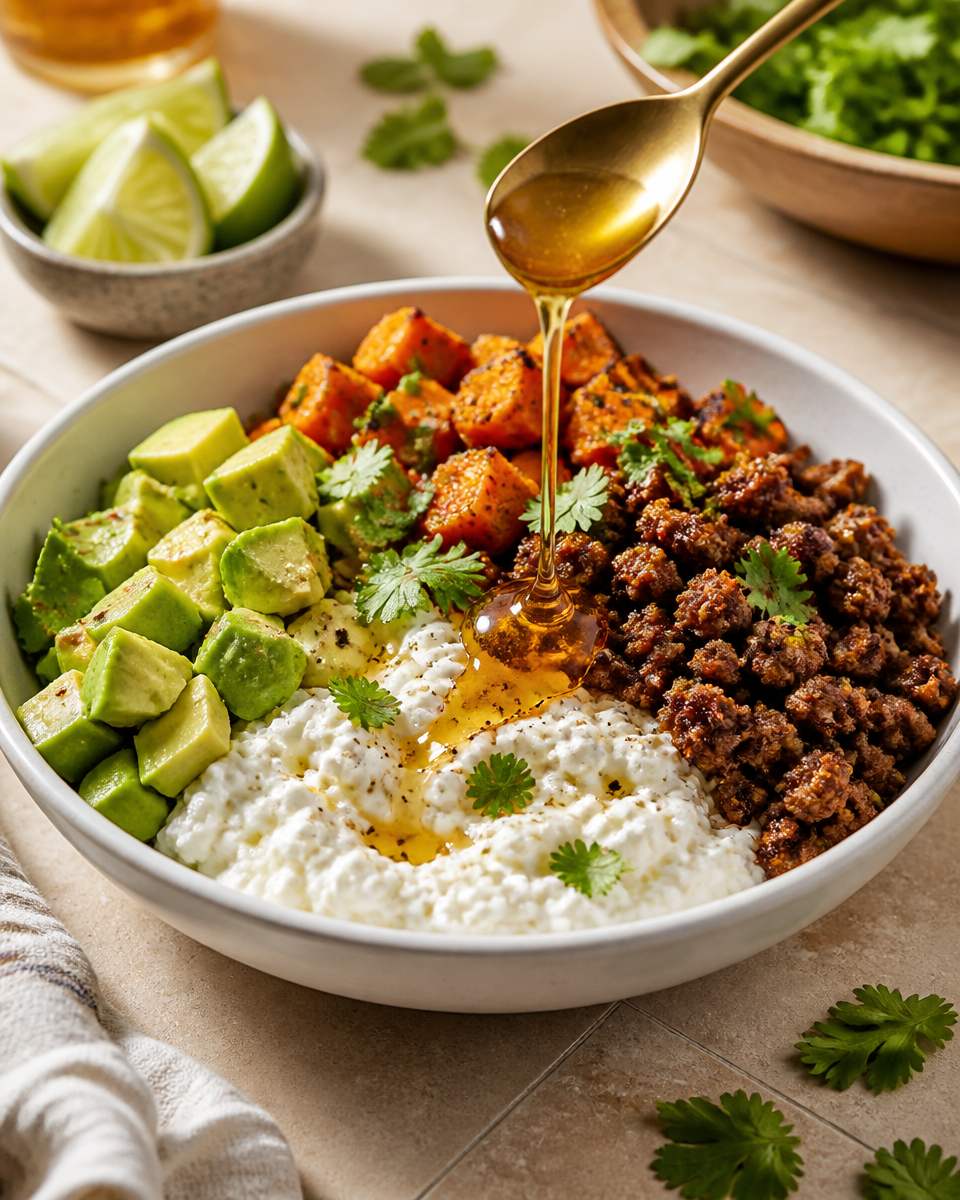 Easy Hot Honey Cottage Cheese Sweet Potato Bowl