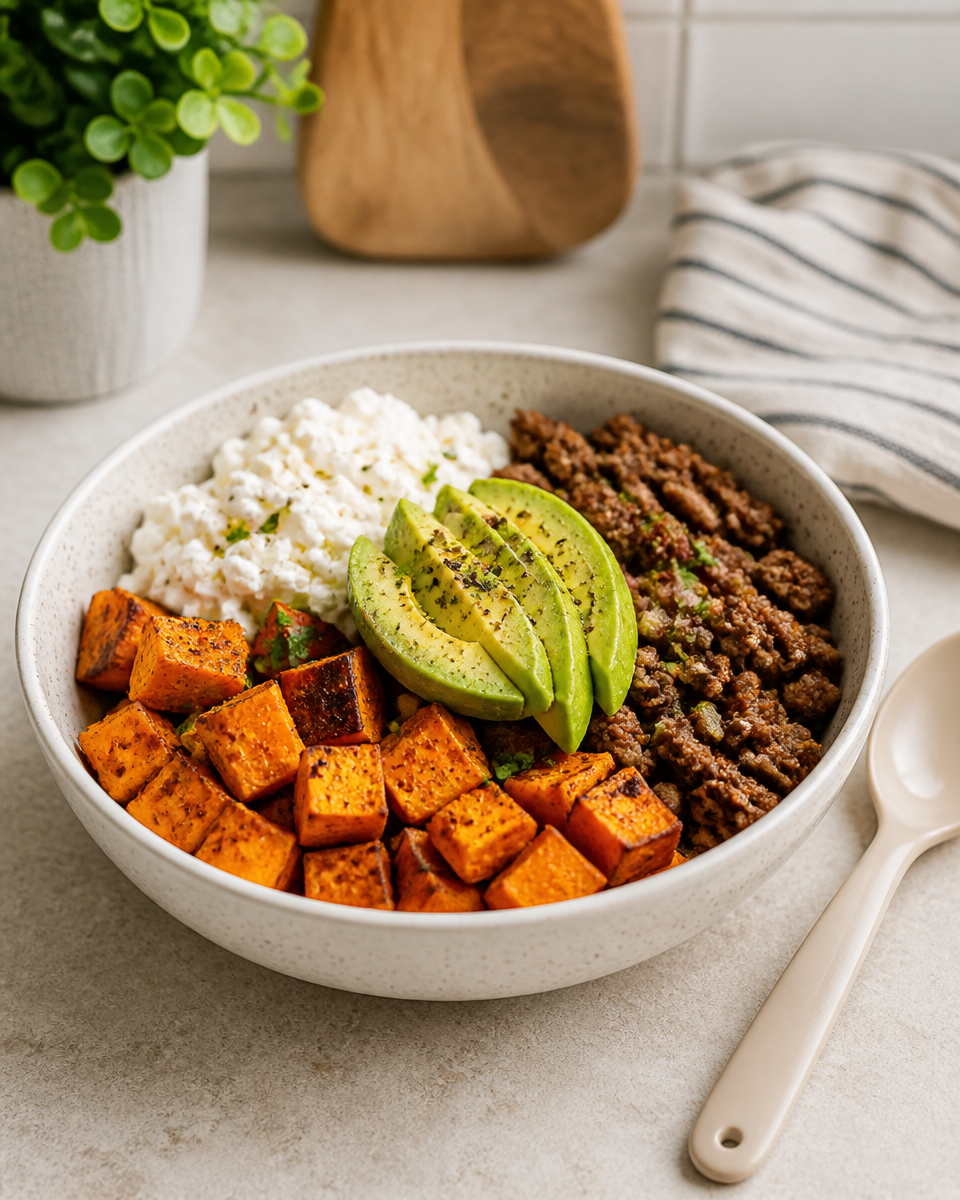 Hot Honey Cottage Cheese Sweet Potato Beef Bowl