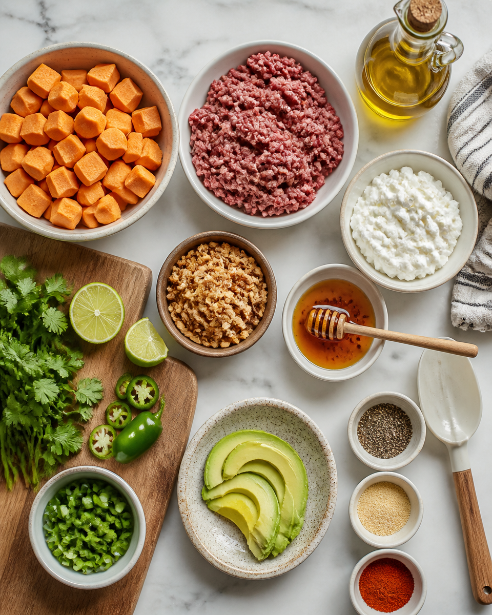 Hot Honey Cottage Cheese Sweet Potato Beef Bowl