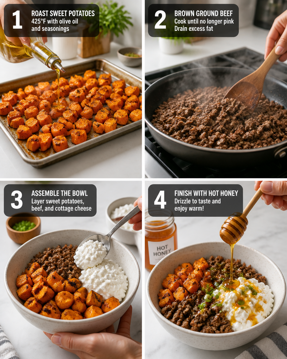 Hot Honey Cottage Cheese Sweet Potato Beef Bowl