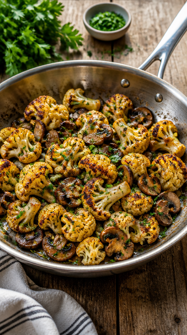 Savory Garlic Mushrooms & Cauliflower in a Skillet Delight