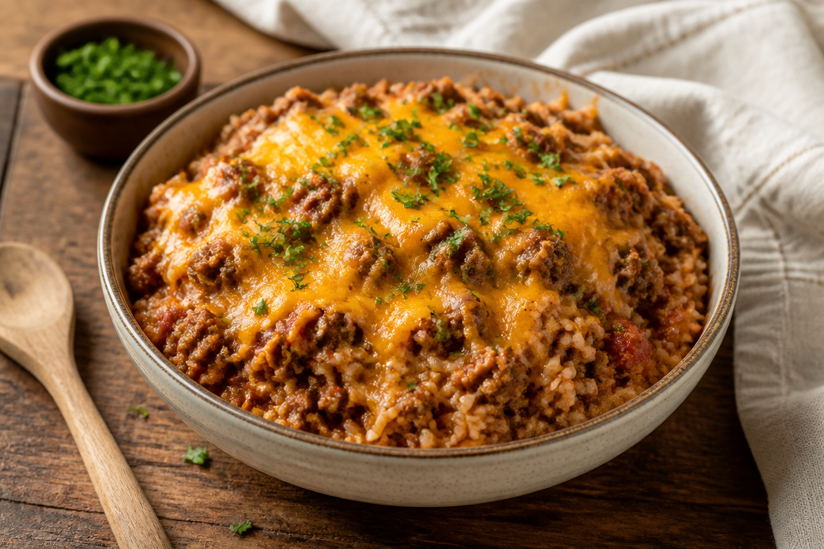 Cheesy Ground Beef and Rice Casserole