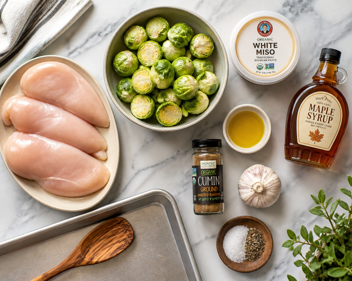 Miso Maple Sheet-Pan Chicken with Brussels Sprouts (35-Minute Dinner) Miso Maple Sheet-Pan Chicken with Brussels Sprouts (35-Minute Dinner)