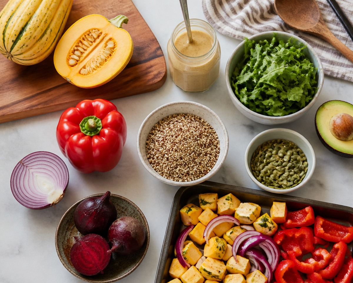 30-Minute Roasted Veggie Power Bowls with Maple Tahini Dressing roasted vegetable power bowls with maple tahini dressing