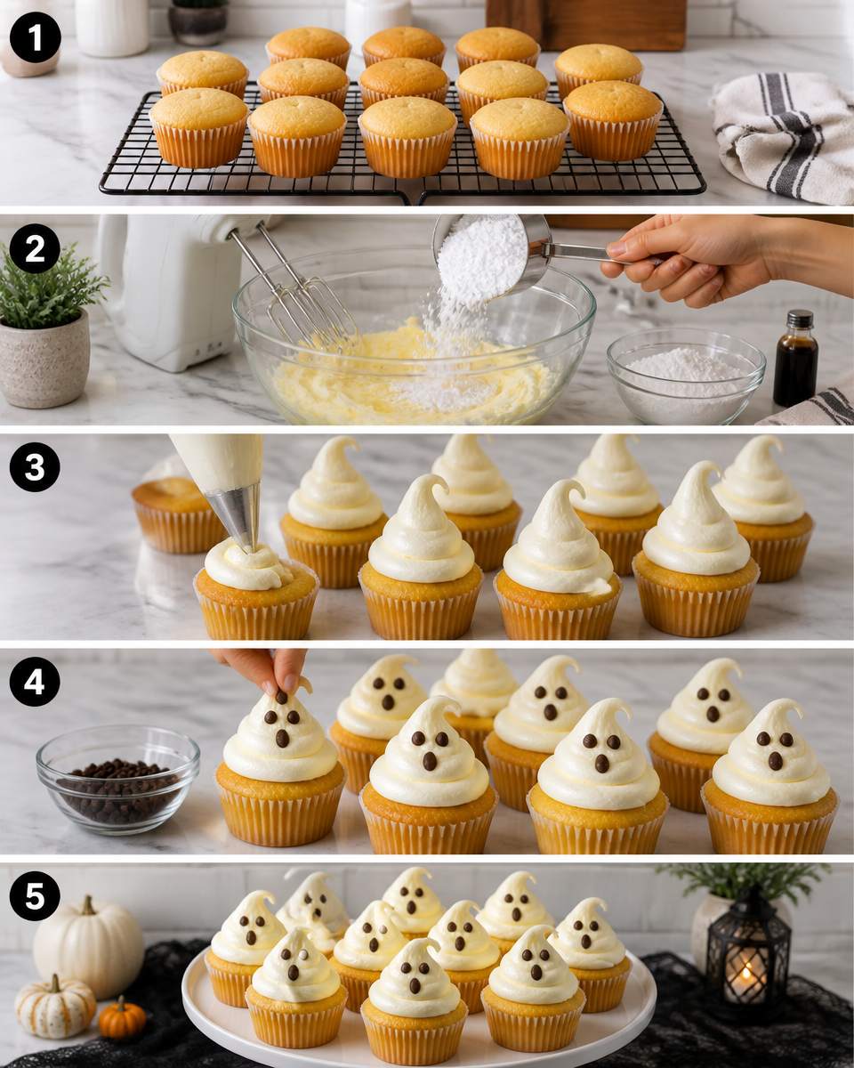 Easy Halloween Ghost Cupcakes — White Frosting