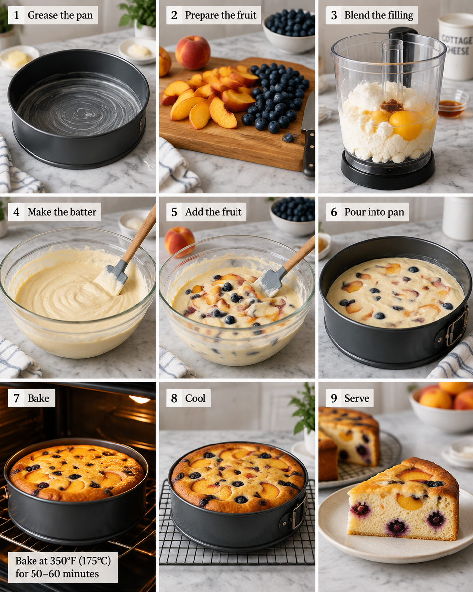 Easy Cottage Cheese Cake — Peach Blueberry