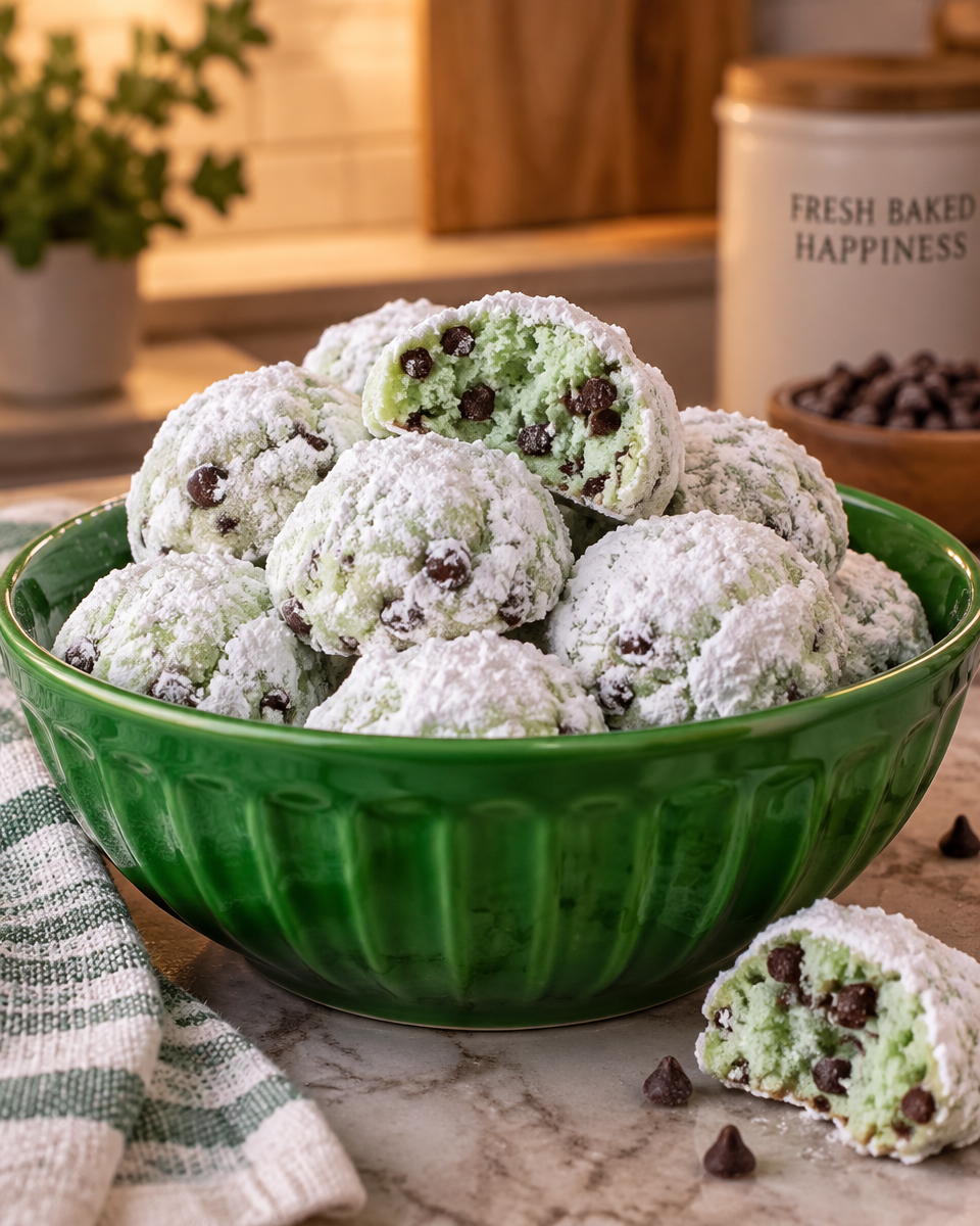 Mint Chocolate Chip Snowball Cookies