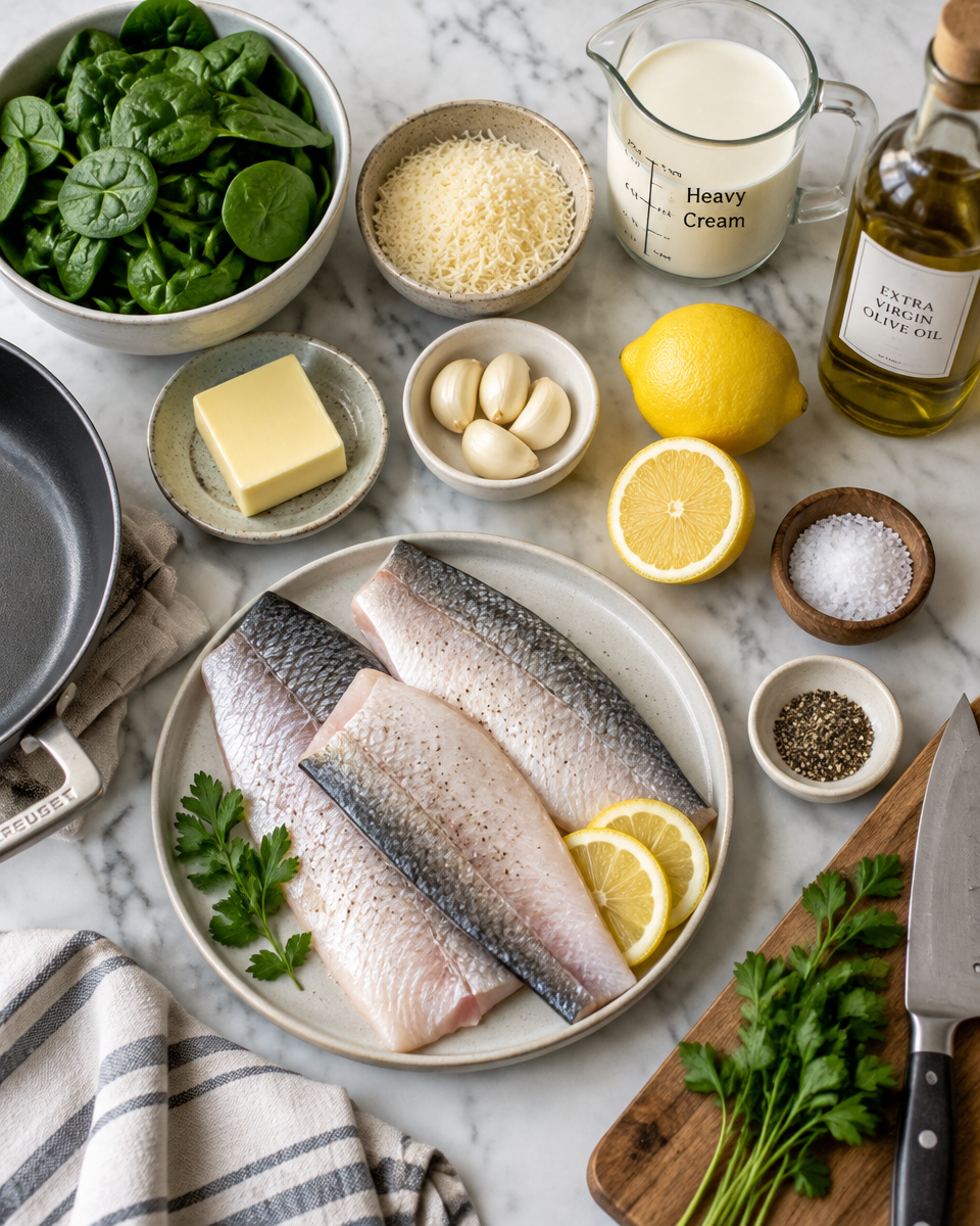 Lemon Garlic Sea Bass Recipe with Creamed Spinach