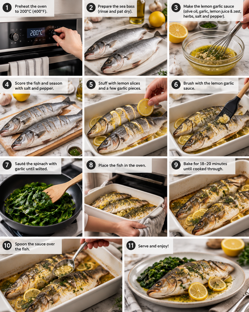 Lemon Garlic Sea Bass Recipe with Creamed Spinach