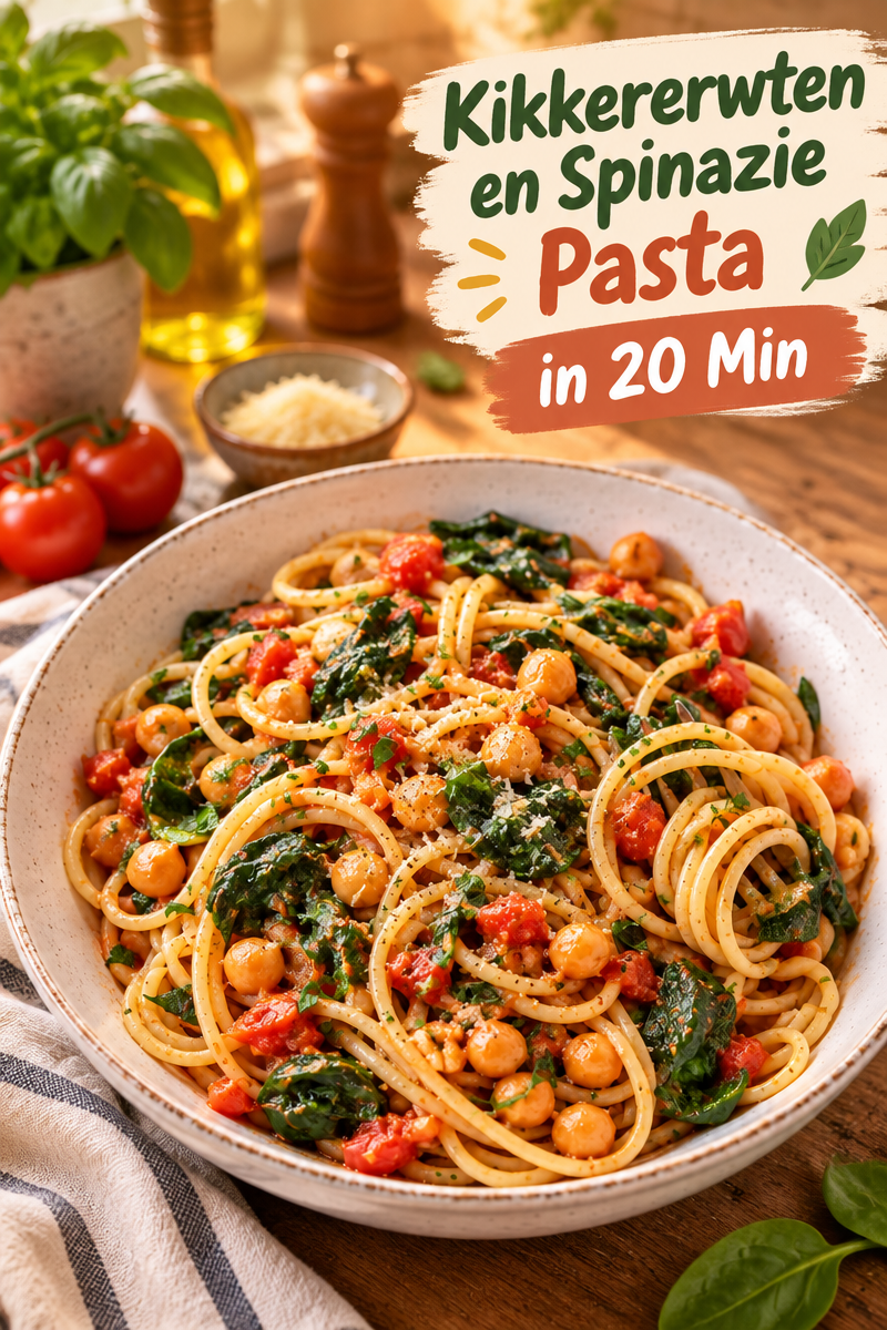 Pasta met Kikkererwten en Spinazie in Tomatensaus: Klaar in 20 Minuten