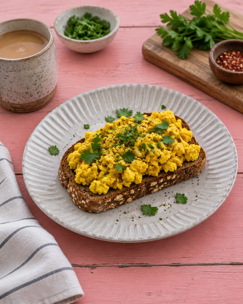 Protein-Tofu-Scramble mit Kurkuma, Spinat und Vollkornbrot