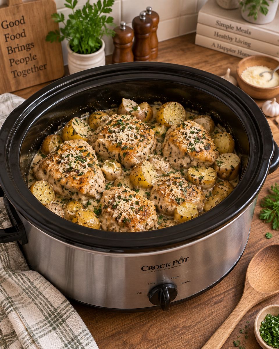 Easy Garlic Parmesan Slow Cooker Chicken and Potatoes