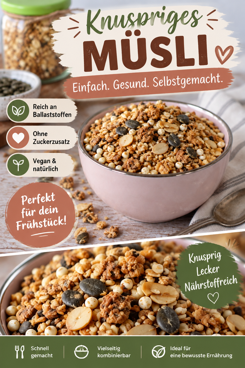 Veganes Protein-Granola: Knuspermüsli mit Nüssen, Kürbiskernen und Hanfsamen