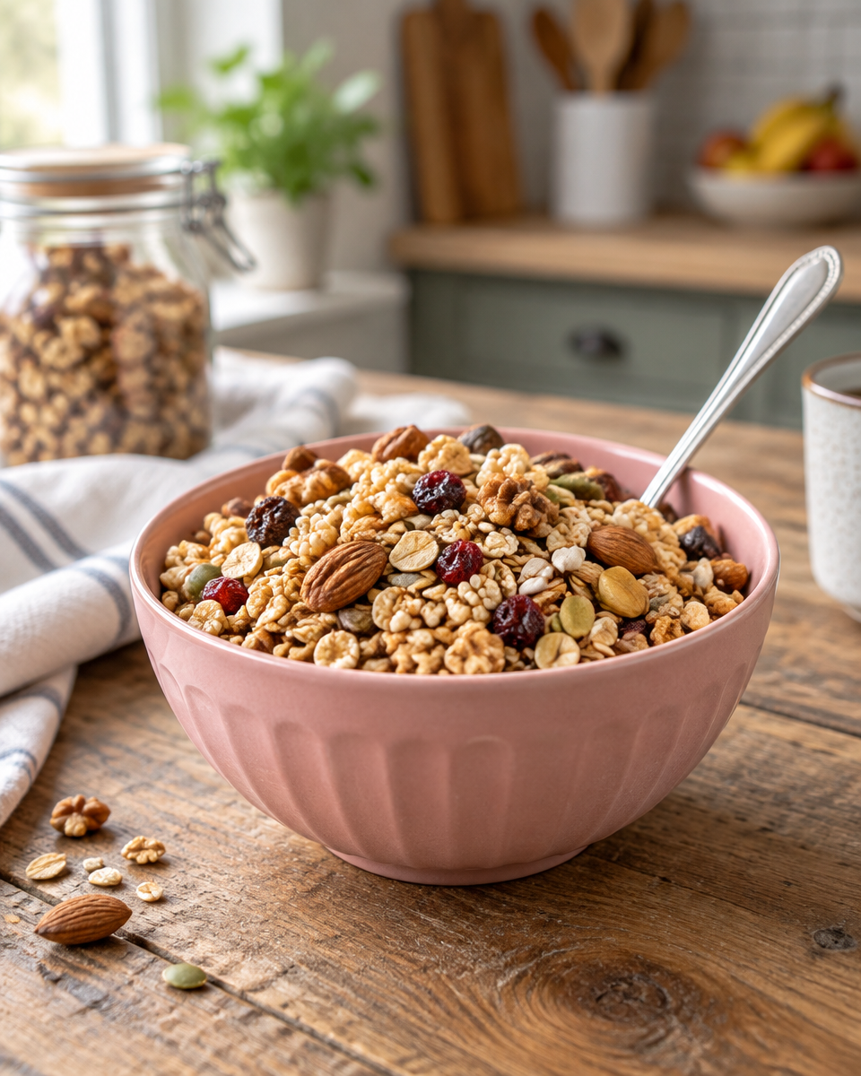 Veganes Protein-Granola: Knuspermüsli mit Nüssen, Kürbiskernen und Hanfsamen