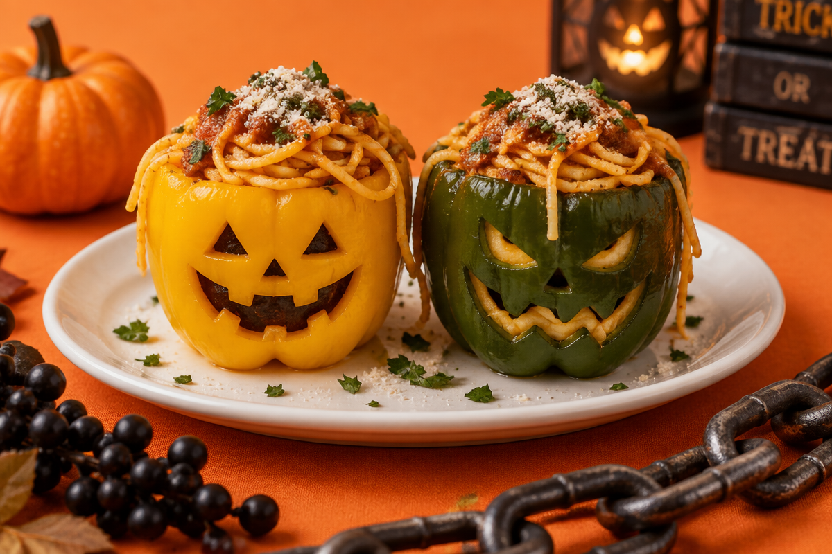 Deliciously Spooky Glutenfreie Jack-o'-Lantern Stuffed Peppers