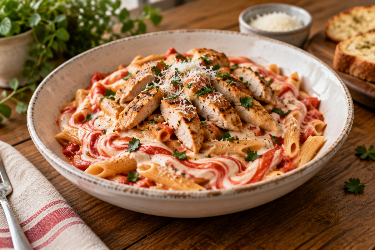 Candy Cane Chicken Pasta mit rot-weißer Sauce