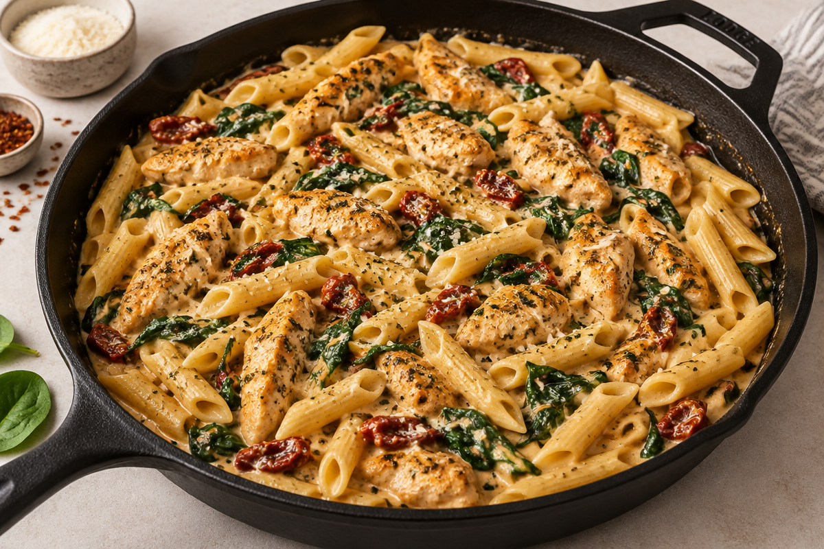 Creamy Tuscan Chicken Pasta (Holiday Style)