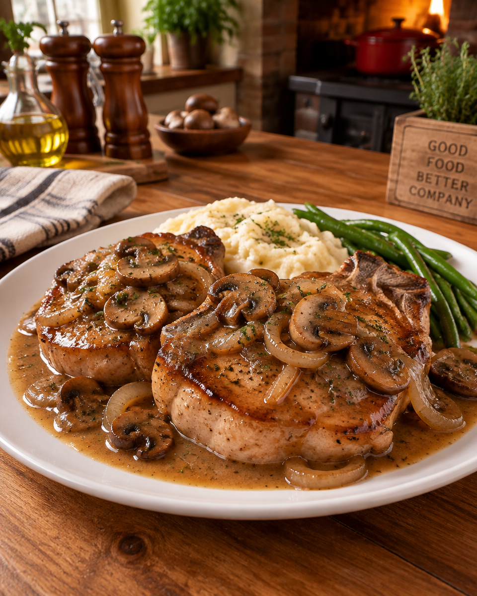 Easy Pork Chops with Onion and Mushroom Gravy