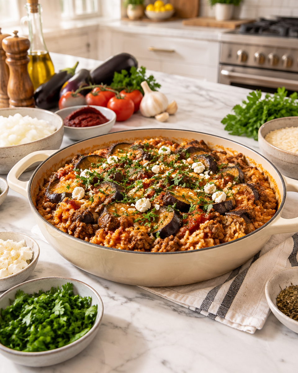 One Pot Moussaka Beef Rice Pilaf