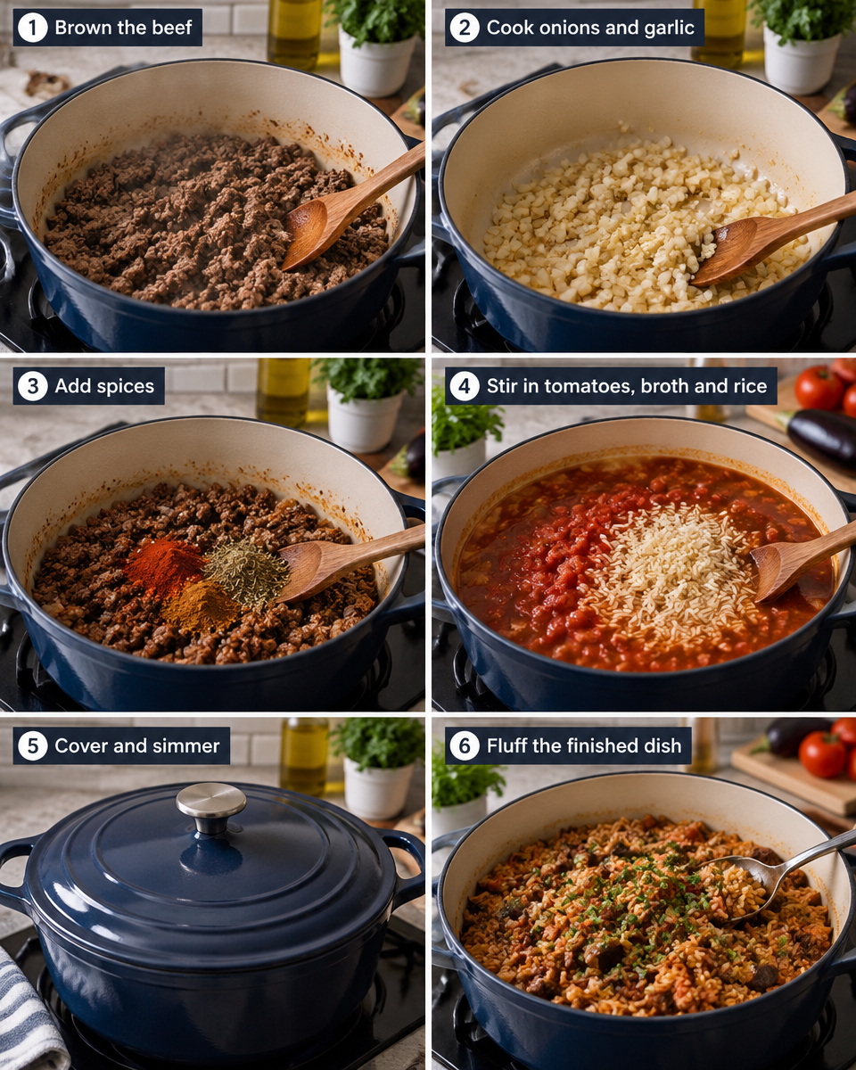 One Pot Moussaka Beef Rice Pilaf
